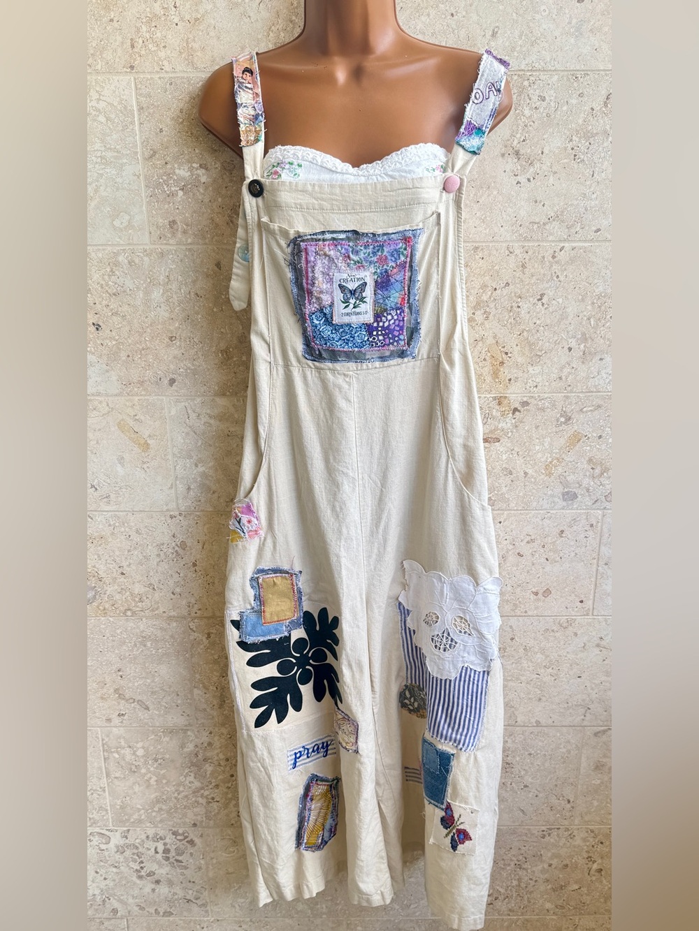 Cream Patchwork Overalls with Hawaiian patch accents